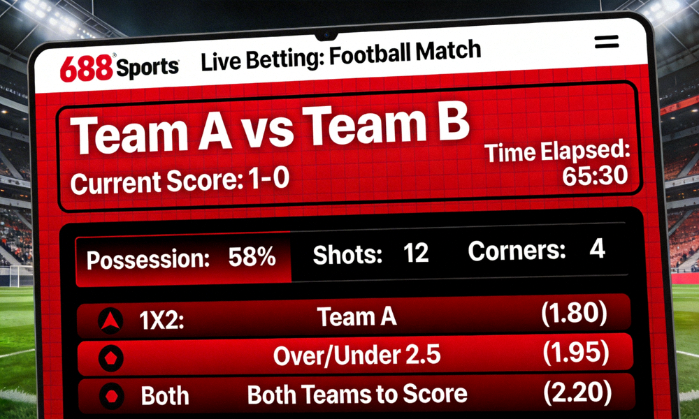 Contoh tampilan live betting M88 Sports pada pertandingan sepak bola dengan statistik real-time