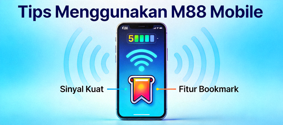 Ilustrasi tips menggunakan M88 mobile dengan gambar ponsel, sinyal kuat, dan ikon bookmark