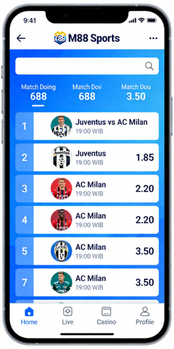 Tampilan halaman taruhan olahraga M88 di smartphone dengan daftar pertandingan dan odds