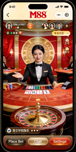 Tampilan permainan live casino di aplikasi M88 mobile dengan dealer langsung